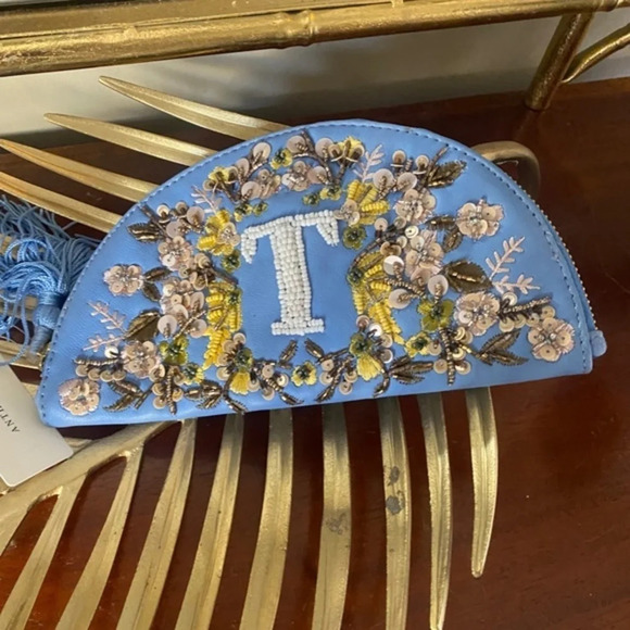 Anthropologie "T" Leather Beaded Monogram Pouch - Picture 6 of 7